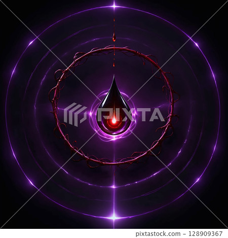 Mysterious dark background with a glowing purple circular pattern and a red droplet at the center creating an ethereal, captivating visual effect for artistic exploration. 128909367