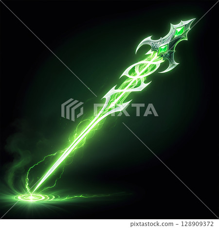 Bright green glowing spear with intricate designs and mystical energy emanating from its tip glowing against a dark background, resembling a fantasy weapon in a magical setting. Bright green glowing spear with intricate designs and mystical energy emanating from its tip glowing against a dark background, resembling a fantasy weapon in a magical setting. 128909372