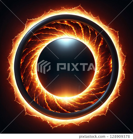Circular design featuring fiery orange and red flames surrounding a dark central core, illuminated glow creating a striking contrast against a dark background. 128909378