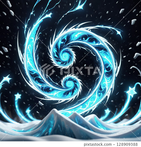Swirling blue energy resembling icy winds encircles snowy peaks, radiating a magical aura in a dark, starry atmosphere, creating a mesmerizing winter scene. 128909388