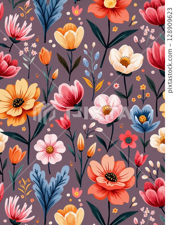 Vibrant seamless floral pattern featuring an array of colorful flowers and leaves in a whimsical, illustrative style on a dark background. Perfect for textiles. Vibrant seamless floral pattern featuring an array of colorful flowers and leaves in a whimsical, illustrative style on a dark background. Perfect for textiles. 128909623