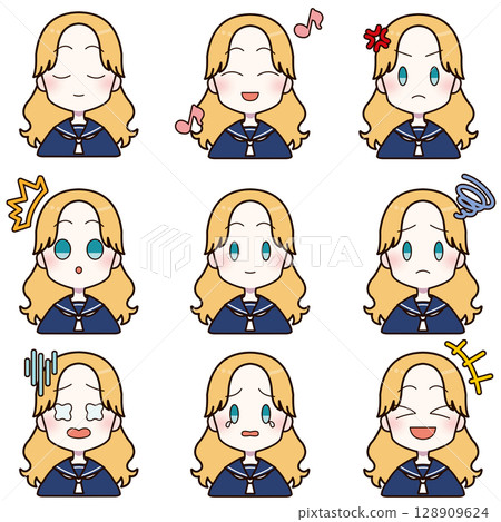 Set 7 of facial expressions of girls wearing sailor suits 128909624