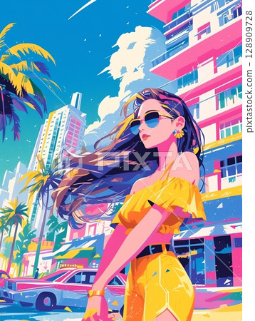 身穿泳衣的年輕女子前往海灘度假村 CITY POP 128909728