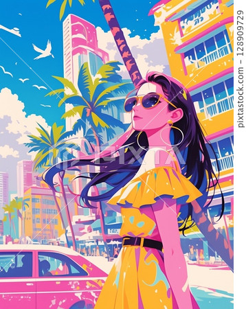 身穿泳衣的年輕女子前往海灘度假村 CITY POP 128909729