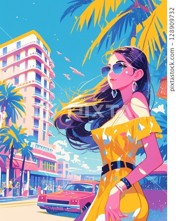 身穿泳衣的年輕女子前往海灘度假村 CITY POP 128909732