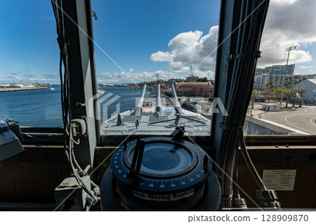 USA, Blue sky and the Battleship Iowa Memorial, Los Angeles 128909870