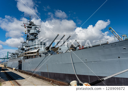 USA, Blue sky and the Battleship Iowa Memorial, Los Angeles 128909872