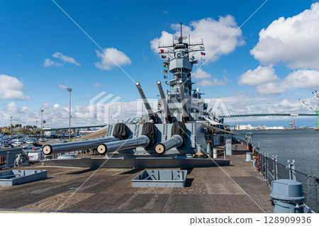 USA, Blue sky and the Battleship Iowa Memorial, Los Angeles 128909936