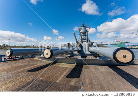 USA, Blue sky and the Battleship Iowa Memorial, Los Angeles USA, Blue sky and the Battleship Iowa Memorial, Los Angeles 128909939