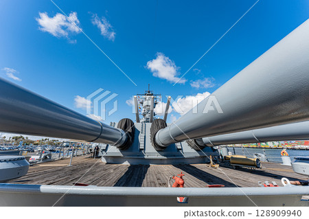 USA, Blue sky and the Battleship Iowa Memorial, Los Angeles USA, Blue sky and the Battleship Iowa Memorial, Los Angeles 128909940