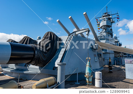 USA, Blue sky and the Battleship Iowa Memorial, Los Angeles USA, Blue sky and the Battleship Iowa Memorial, Los Angeles 128909941