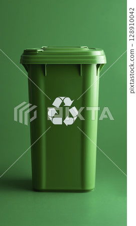Green recycling bin with white recycling symbol front, set against matching green background, emphasizing eco friendly waste management 128910042