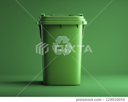 Green recycling bin with recycling symbol it, placed against matching green background, emphasizing eco friendly waste management 128910050