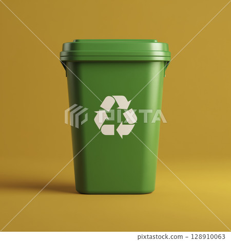 Green recycling bin with recycling symbol it, placed against yellow background, emphasizing eco friendly waste management and environmental Green recycling bin with recycling symbol it, placed against yellow background, emphasizing eco friendly waste management and environmental 128910063