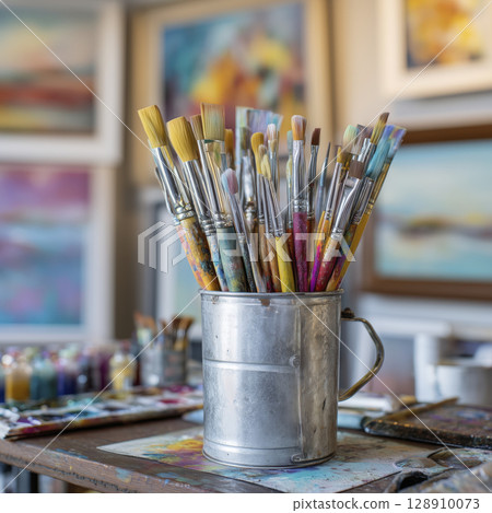 Collection of paintbrushes in metal container on artist table with colorful paintings in background, creating inspiring and creative atmosphere 128910073