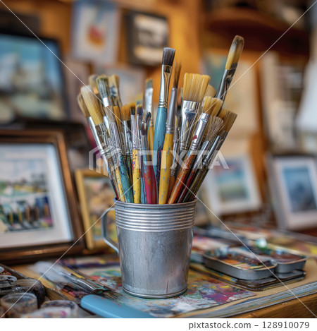 Collection of paintbrushes metal container artist workspace, surrounded by framed artwork and painting supplies, creating inspiring artistic Collection of paintbrushes metal container artist workspace, surrounded by framed artwork and painting supplies, creating inspiring artistic 128910079