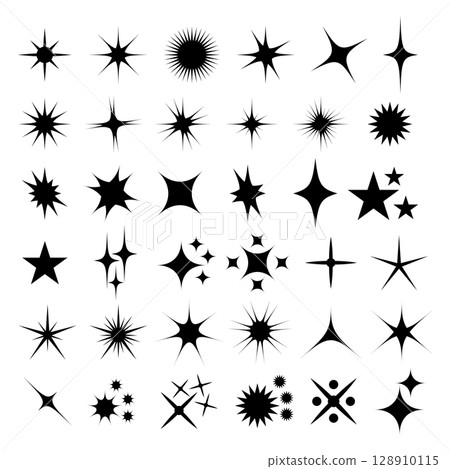 Shine Icons Set. Star Symbols. Twinkling Stars. Symbols of Sparkle, Glimmer and Glow. Set of star icons features an array of twinkling stars, radiant bursts and sparkling symbols. 128910115