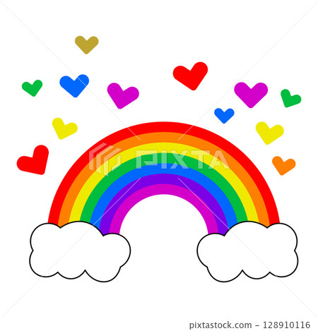 Colorful Rainbow with Hearts and Clouds Vector Illustration. A classic rainbow arching between two fluffy white clouds, creating a whimsical and heartwarming scene. Colorful Rainbow with Hearts and Clouds Vector Illustration. A classic rainbow arching between two fluffy white clouds, creating a whimsical and heartwarming scene. 128910116