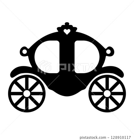 Fairy Tale Princess Carriage Silhouette Vector Illustration. A rounded, ornate coach body with two large decorative wheels and a charming heart motif at the top. 128910117