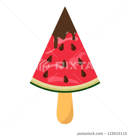 Watermelon Ice Cream with Chocolate Drip Vector Illustration. This vibrant and playful vector illustration features a whimsical fusion of a watermelon slice and an ice cream treat. 128910118
