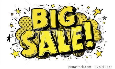 Big sale in comic style, yellow text pops It exciting and grabs attention for retail marketing promotion event, attracting customers 128910452