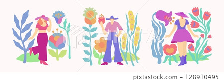 Woman in flowers. Women dance in happy day. Girl with floral big decoration. Summer field with flat leaf and plants. People walk in nature. Simple drawings. Vector illustrations set Woman in flowers. Women dance in happy day. Girl with floral big decoration. Summer field with flat leaf and plants. People walk in nature. Simple drawings. Vector illustrations set 128910495