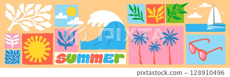 Summer print. Sea vacation. Beach travel. Surf or yacht. Tropical palm tree. Plant leaf. Ocean seashell. Water wave for surfing. Journey fun. Trendy stickers set. Vector abstract pattern 128910496