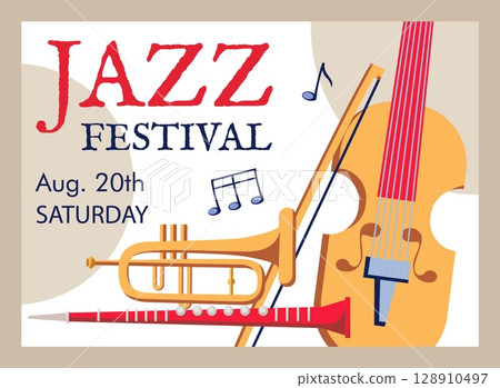Jazz festival invitation. Musical concert banner. entertainment performance with saxophone and violin. Acoustic instruments. Orchestra flyer design. Vector cartoon isolated illustration Jazz festival invitation. Musical concert banner. entertainment performance with saxophone and violin. Acoustic instruments. Orchestra flyer design. Vector cartoon isolated illustration 128910497
