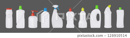Detergent bottle. Cleaner mockup, realistic cleaning container for bathroom, disinfectant soap package with dispenser and spray. Plastic wash box. Laundry cleanser, vector 3d mock up set 128910514