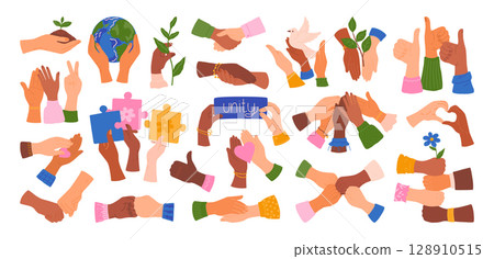 Hands gestures. Friends handshake. Fingers hold Earth planet or puzzles. Community support and care. Team raise fists together. Help and hope cooperation for peace. Vector human arms set Hands gestures. Friends handshake. Fingers hold Earth planet or puzzles. Community support and care. Team raise fists together. Help and hope cooperation for peace. Vector human arms set 128910515