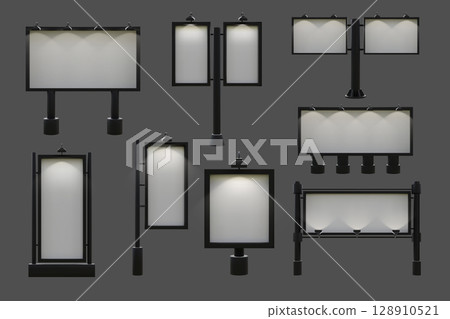 Billboard mockup. Vertical or horizontal city signboard. Outdoor bill board. 3D poster mock up. Advertising sign template. Empty display. Vector realistic roadside marketing banners set Billboard mockup. Vertical or horizontal city signboard. Outdoor bill board. 3D poster mock up. Advertising sign template. Empty display. Vector realistic roadside marketing banners set 128910521