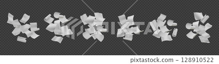 Paper stack. 3d sheet fly, fall throw on air. Document chaotic composition isolated on transparent background, work file pile in mess. Blank scrap pages and letter vector isolated set 128910522