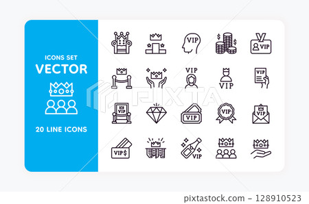 VIP pictogram. Celebrity club membership. Exclusive special member line entrance. Event ticket. Premium quality. Special pass tag. Crown symbol. Star admission. Vector line icons set VIP pictogram. Celebrity club membership. Exclusive special member line entrance. Event ticket. Premium quality. Special pass tag. Crown symbol. Star admission. Vector line icons set 128910523