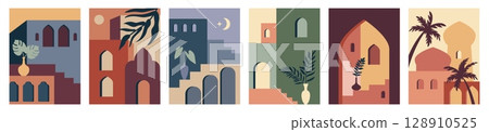 Abstract architecture. Moroccan arch, Morocco building door in oriental contemporary geometric style. Window view with minimalistic landscape. Palm tree in desert. Vector simple posters 128910525