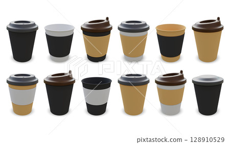 Coffee cup. White paper mug, 3d takeaway hot drink cover or blank plastic lid holder, isolated set. Menu realistic elements. Espresso and cappuccino cardboard packaging, vector glasses mockup 128910529