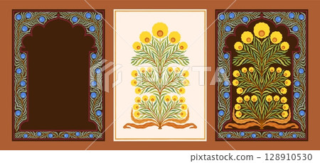 Flower motif. Mughal floral art. Indian ethnic ornament or plant folk design frame. Vintage tree decoration. Botanical border. Turkish traditional vintage bunch. Vector isolated embroidery 128910530
