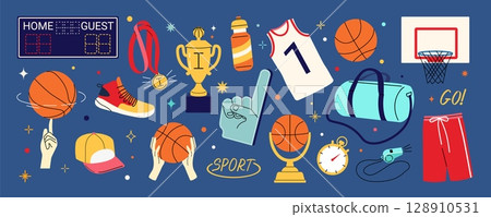 Basketball stickers. Sport ball and basket. Doodle retro whistle net for comic game players. Tournament scoreboard. Sportwear and champion award. Streetball stadium. Vector cartoon set 128910531