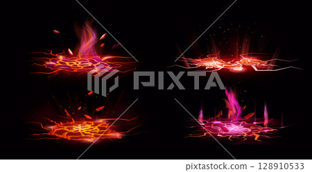 Gold crack. Lava ground effect. Light fire floor or volcano splashes. Terrain smash. Split molten break or glow burn land surface. Damage fissure with magma. Volcanic elements vector set 128910533