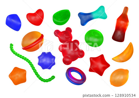 Jelly candy. 3d gummy sweets, cola or fruit bear, worm sugar animal. Soft lollipop gum, cute kid yummy food. Gelatin chewing dessert, marmalade product assortment, vector isolated snack set 128910534