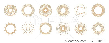 Sun light. Line round rays, sunbeam golden, sparkle and burst gold emblem. Vintage firework shape, retro sunburst. Round frames isolated decorative graphics. Logo design. Vector outline set 128910536