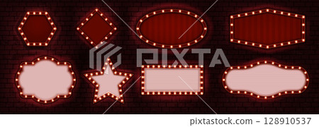 Circus sign. Light Broadway signboard at brick wall. Carnival marquee billboards. Red casino stage or cinema neon bulb. Theater boards. Night club glow. Vector illuminated borders set 128910537