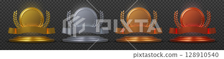 Gold medal. Winner award. Silver or bronze badge. Ribbon and laurel wreath. Rose 1st trophy prize on pedestal. Golden competition number. Triumph ceremony. Vector 3d victory rewards set 128910540