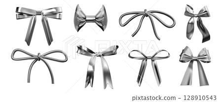 3d silver ribbon. Y2K gift bow, chrome or metal shape elements, hologram coquette tie. Liquid bowknot. Render glossy isolated decorative trendy objects, packaging design, vector icons set 128910543