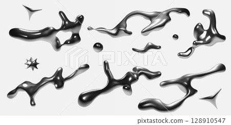 Chrome shapes. Liquid metal. Y2k silver drops. Abstract fluid hologram aesthetic figures. Amorphous metallic texture. 2000s brutalism asymmetric forms. Vector 3D curve melt blots set 128910547