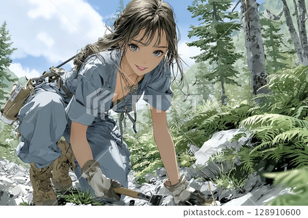 Illustration material of a female mountain guard maintaining a mountain trail 128910600