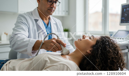 Doctor performing a thyroid ultrasound on a female patient. Medical examination, diagnosis, and preventative health. 128910604