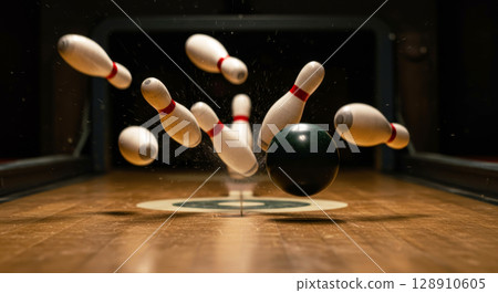 Bowling ball striking pins mid-air, capturing action, sport, and the excitement of the game. 128910605