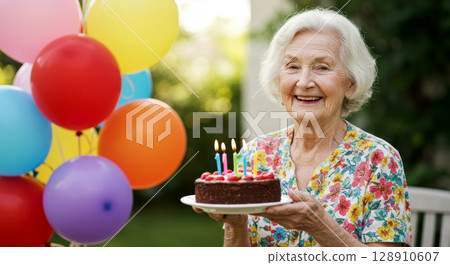 Joyful senior woman holding birthday cake with candles and balloons. Celebration, happiness, and milestone years. 128910607