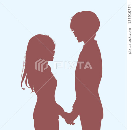 Male and female business people facing each other, holding hands, silhouette 128910774