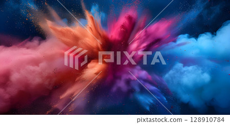 Vibrant Colored Powder Explosion on Solid Background - Ai Generated 128910784